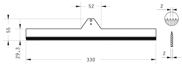 Cuchilla transversal dentada 330x55x2mm, paso dientes 2mm, bisel doble