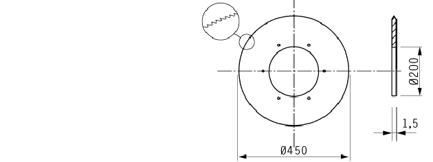 Sierra circular para DURAND, diámetro 450mm, eje 200mm, espesor 1,5mm, paso de dientes 5mm, material 1.4120