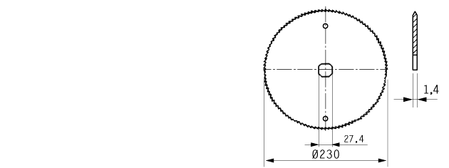 Sierra circular para EFA, diámetro 230 mm, eje cuadrado 27,4mm, espesor 1,4mm, 120 dientes