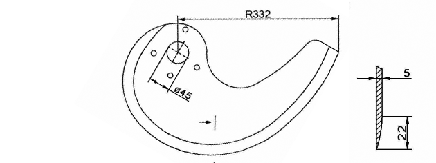 Cuchilla chuletera para MHS (PCT), radio 332mm, axis Ø45mm, ancho bisel 22mm, espesor 5mm