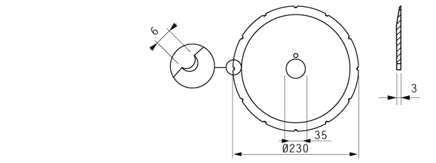 Cuchilla circular para ARENCO/VMK, 230x35x3mm, bisel sencillo, 12 ranuras, un agujero, como Nº.3-3699