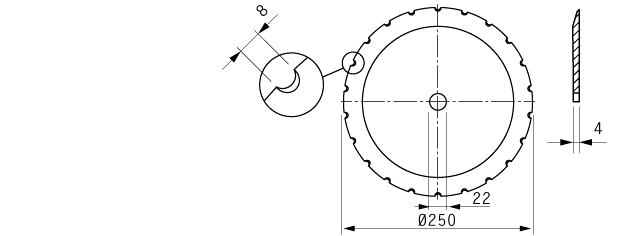 Cuchilla circular para BAADER, 250x22x4mm, 22 ranuras, bisel sencillo, tratamiento electropulido, Nº.94010161