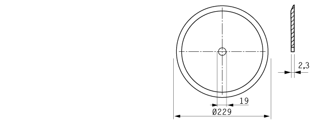 Cuchilla circular para PISCES 229x19H7x2,3mm, filo liso, bisel sencillo, con relieve, tratamiento electropulida