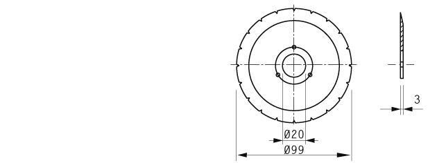 Cuchilla circular, 99x20x3mm, bisel sencilo; 20 ranuras en V, 3 roscas