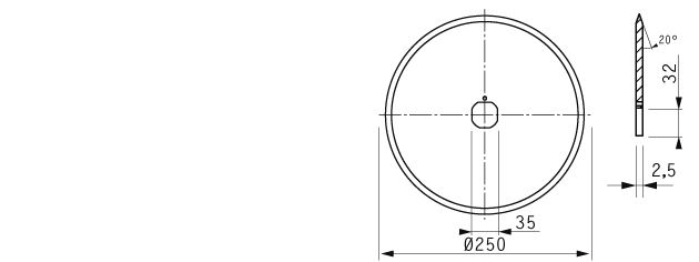 Cuchilla circular 250x35/32x2,5mm, filo liso, doble bisel, 1 agujero, material 1.4112 (AISI 440)
