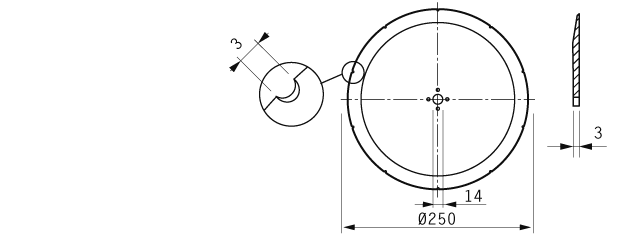 Cuchilla circular 250x14x3mm, bisel sencillo 1mm, filo liso con 10 ranuras, 4 agujeros de ajuste, como 7459143