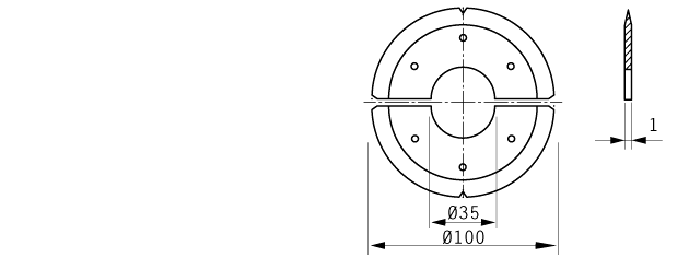 Cuchilla circular, 100x35x1mm, filo con 4 ranuras en V, doble bisel, , dividida, 6 agujeros