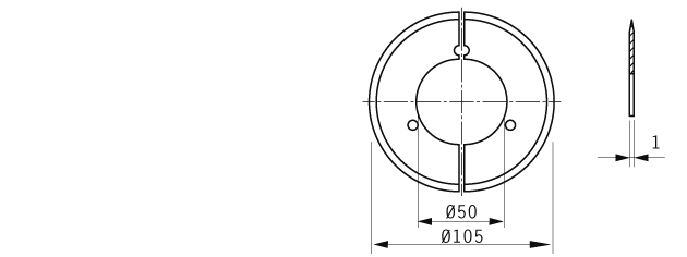 Cuchilla circular, 105x50x1mm, filo liso, doble bisel , dividida, 3 roscas