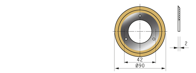 Cuchilla circular para MULTIVAC, 90x42x2mm, filo liso, bisel sencillo, 3 roscas, con recubrimiento de titanio