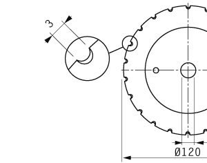 C.Circular para pescado, 120x14x3mm, bisel sencillo, 22 ranuras, 3 aguj.int., 4 agujeros de enganche