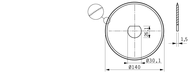 Cuchilla circular 140x30/26x1,5mm, filo dentado, doble bisel