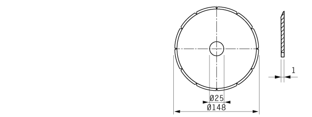 Cuchilla circular 148x25x1mm; bisel sencillo, 12 muescas, tratamiento electropulido