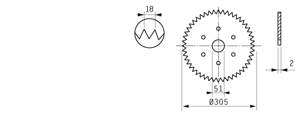 Sierra circular para hielo 305x51x2mm, 52 dientes, paso de dientes 18mm, tratamiento electropulido