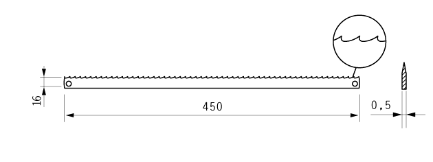 Cuchilla de filetear para GRASSELLI, 450x16x0,5mm, filo dentado, paso dientes 15,2 mm (6 TPI), bisel doble