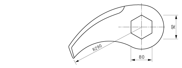 Cuchilla cutter, radio 290mm, eje hexagonal 92x80mm