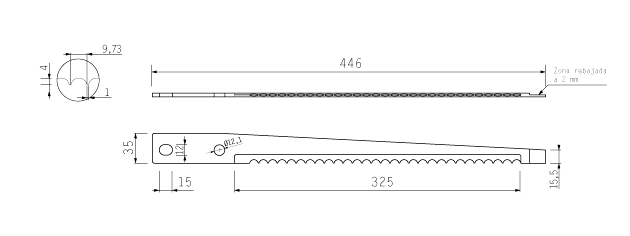 Cuchilla lonchear para NORFO B35, 446x35x15,5x4mm, TPI 9,73mm, dentada, doble bisel, No. 80.414.07