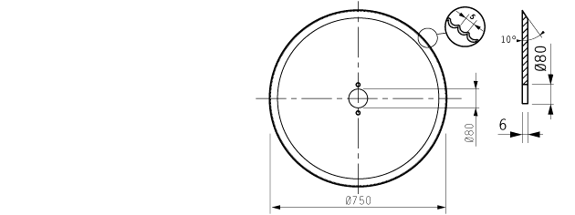 Cuchilla abrir canales para SELO-FREUND 750x80x6mm, filo microdentado, paso dientes 5mm, bisel sencillo, 2agujeros 16mm